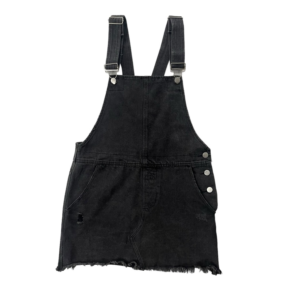 Vestique Women’s Size Small Black Denim, Distressed Overalls, Jumper Skirt Dress